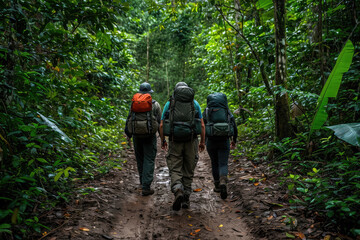 Wall Mural - Rainforest Exploration: A Group of Trekkers Walking on Amazon Rainforest Trails, Immersed in the Lush Greenery and Biodiversity of This Spectacular Jungle Adventure.
