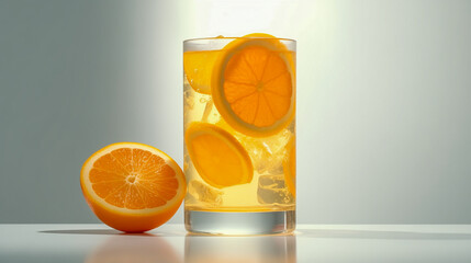 Glass of orange juice with orange fruit slices, with ice, close-up on light background, beautiful reflection from the window.