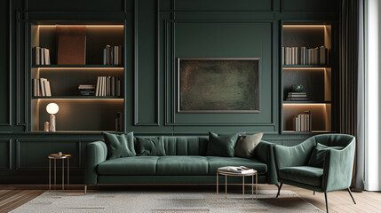 Wall Mural - Modern living room with green sofa and chairs.