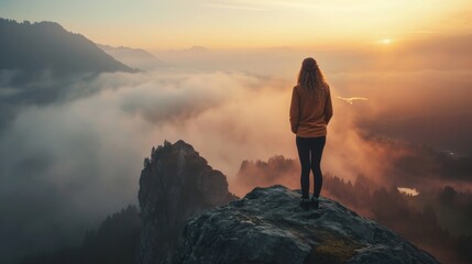 Woman looking at a fog covered valley from behind, standing on the edge of a mountain top generative ai