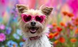 A very cute cheerful dog rejoices at the arrival of spring. A happy dog wearing pink heart-shaped glasses sits in the flowers.
