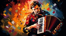 Abstract And Colorful Illustration Of A Man Playing Accordion On A Black Background