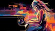 Abstract and colorful illustration of a woman playing piano on a black background