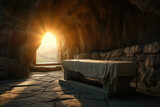 Fototapeta Mapy - Empy tomb with shroud and crucifixion at sunrise - resurrection of Jesus Christ
