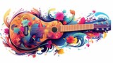 Fototapeta Kosmos - Abstract and colorful illustration of an ukulele surrounded by flowers on a white background