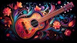 Fototapeta Kosmos - Abstract and colorful illustration of an ukulele surrounded by flowers on a black background