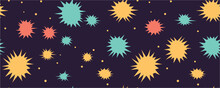 Bright Starry Pattern With Simple Childish Elements. Covid-19 Global Pandemic Background. Excellent For Fabric, Scrapbooking, Wallpaper Projects. Bright Summer Print With Exotic Plants. Seamless.