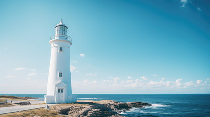Wall Mural - Minimalistic landscape with white lighthouse against blue bright summer sky and sun rays. Lighthouse on the seashore, postcard from a trip.
