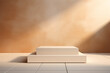 © mikeosphoto - Simple white podium against a warm-toned wall with soft shadow play