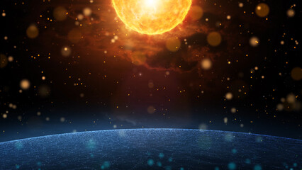 Wall Mural - artistic 3d space with abstract sun, planet and stars. view from space. illustration background.