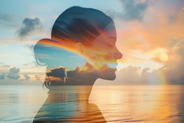 a silhouette double exposure of a young girl and a beautiful landscape in, the sea, the sky and rainbow