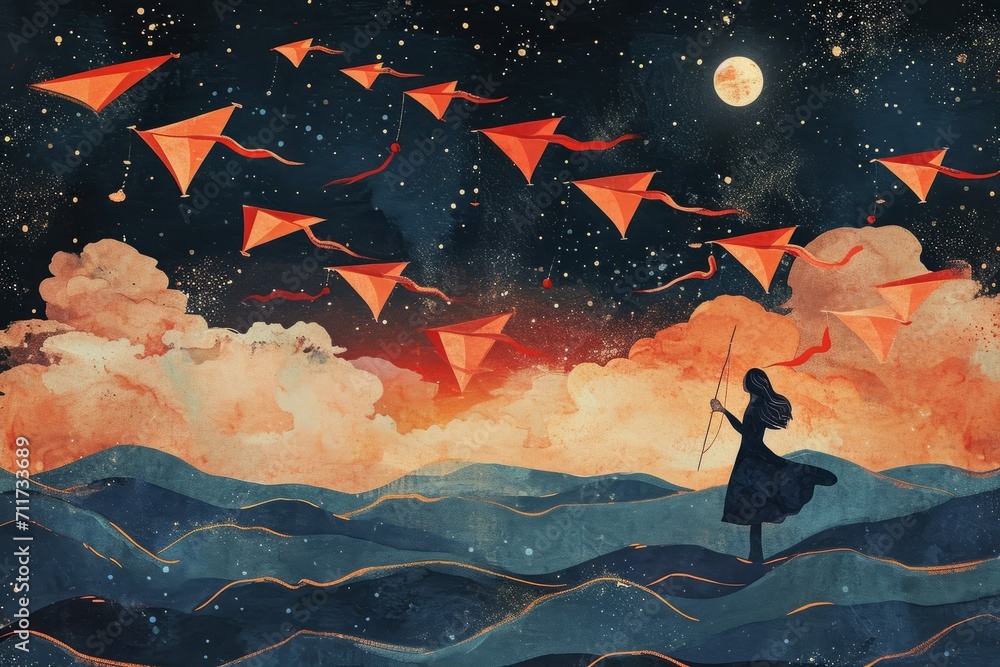 abstract watercolor painting illustration of a girl holding a kite , in ...