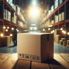 cardboard box on wooden table on blured bokeh goods delivery warehouse background. ai generative