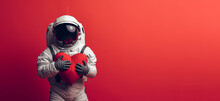 Astronaut Hugging A Large Soft Red Heart On Red Background. Generative AI