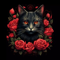 Wall Mural - illustration of a cat with red roses on a black background. generative ai