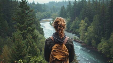 Woman on her back, enjoying the view of a serene river winding through a forest generative ai