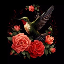 Illustration Of A Hummingbird With Red Roses On A Black Background. Generative Ai