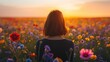 © ThisDesign - Woman on her back, contemplating a vibrant field of wildflowers in the morning light generative ai