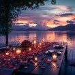 Romantic lakeside dinner setting with candles and roses, perfect for Valentine's Day or a wedding proposal. Intimate outdoor dining experience.