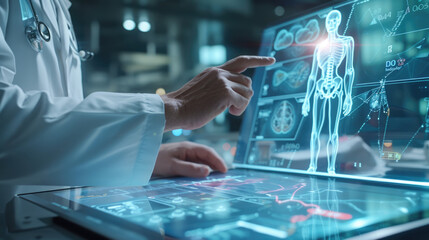 Wall Mural - Healthcare professional is using a tablet that displays a holographic projection of a human anatomy model, showcasing various internal systems.