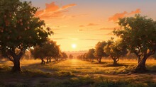 A Meticulously Illustrated Peach Orchard In The Soft Glow Of Dawn, The Fuzzy Skins Of Ripe Peaches Set Against A Serene Countryside. - Generative AI