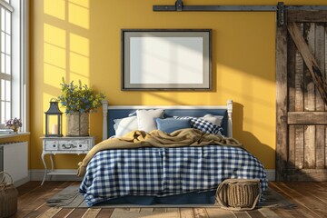 Wall Mural - Country style bedroom with a checkered blue bed, barn door closet, and a blank mockup frame on a sunflower yellow wall