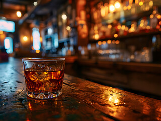 Wall Mural - Glass of whiskey with ice cubes on a wooden table in a bar