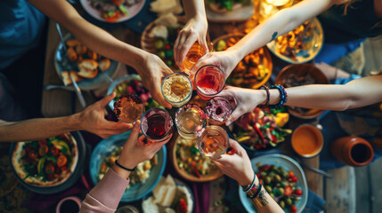 Wall Mural - Top view of a group of people sitting around a rustic wooden dining table, toasting with their glasses raised amidst a spread of various dishes