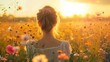 Woman on her back, contemplating a vibrant field of wildflowers in the morning light generative ai