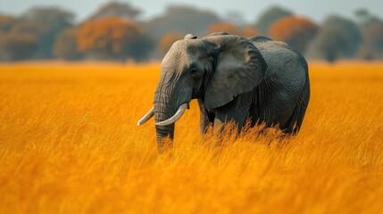 Canvas Print -  an elephant standing in the middle of a field of tall yellow grass with trees in the background.