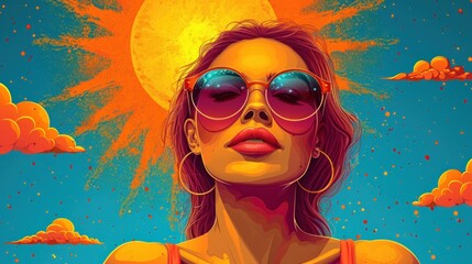 Wall Mural -  a painting of a woman wearing sunglasses with the sun in the sky behind her and clouds in the sky behind her.