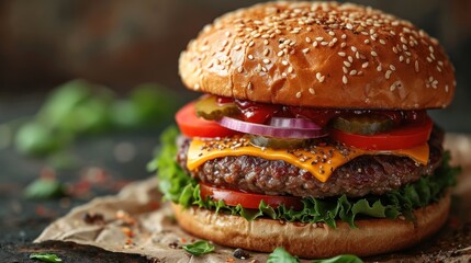 Canvas Print -  a hamburger with lettuce, tomato, onion, cheese and pickles on a piece of parchment paper.