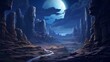 A moonlit canyon landscape with jagged rock formations, portraying the dramatic and mystical beauty of a nighttime canyon setting - Generative AI