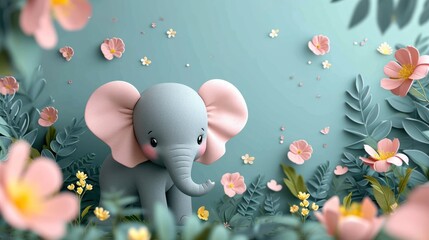 Poster -  a baby elephant standing in the middle of a lush green field with pink and yellow flowers on it's side.