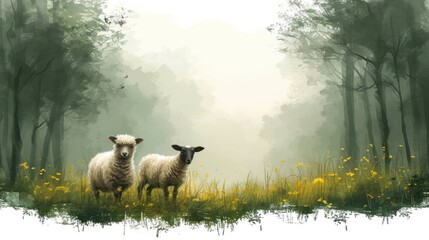 Sticker -  two sheep standing next to each other in a field of grass and yellow flowers in front of a foggy forest.