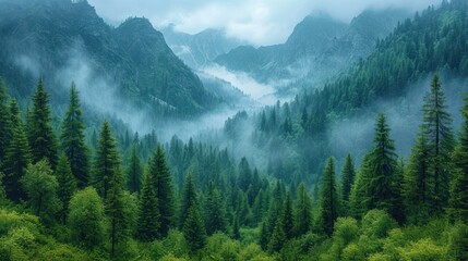 Canvas Print -  a forest filled with lots of green trees and a mountain covered in low lying clouds in the distance with low lying clouds in the foreground.