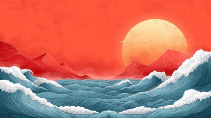 Wall Mural -  a painting of a sunset over a body of water with a mountain range in the distance and waves in the foreground.