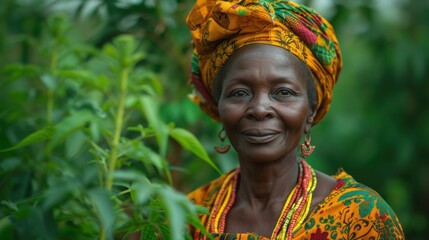 Wall Mural -  a woman with a yellow turban smiles while standing in front of a green bush and smiling at the camera.