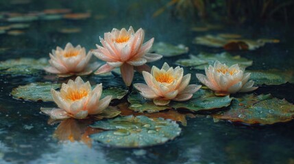 Sticker -  a group of pink water lilies floating on top of a body of water with lily pads on top of it.