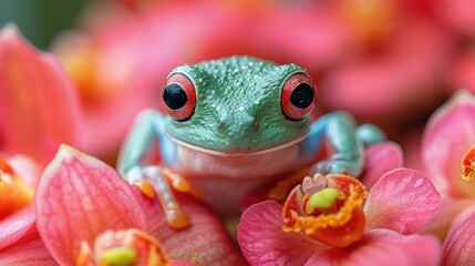 Sticker -  a close up of a frog on a flower with a background of pink flowers and red and yellow flowers in the foreground.