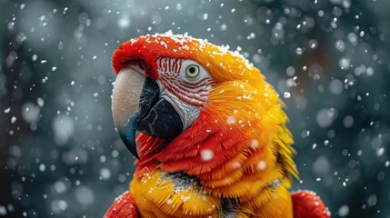 Poster -  a close up of a parrot with snow on it's face and a blurry background of snow flakes.