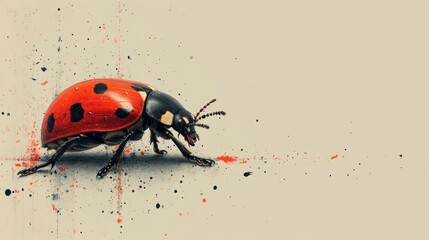 Poster -  a close up of a ladybug on a white surface with red and black splats on it.