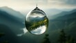 A mountain view with trees inside a water droplet - Generative AI