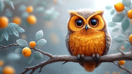 Wall Mural -  a painting of an owl sitting on a tree branch with oranges in the foreground and a blurry background.