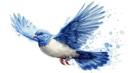 Poster -  a watercolor painting of a blue and white bird with its wings spread in the air, with a white background.