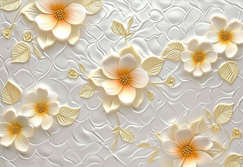 a white and gold wallpaper with yellow flowers on it, in the style of glass and ceramics, decorative backgrounds.