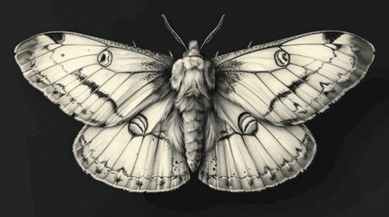 Wall Mural -  a black and white photo of a moth on a black background, with the wings open and the head turned to the side.