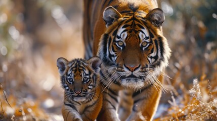 Canvas Print -  a mother tiger and her young cub walking through the grass in front of a blurry image of a tiger.