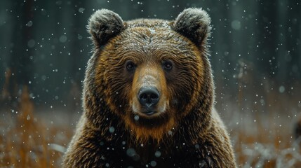 Poster -  a close up of a brown bear in a field of grass with snow falling off of it's ears.