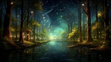 A Mystical Forest With Glowing Fireflies Illuminating The Trees Under A Starry Night Sky, Evoking The Enchanting Ambiance Of A Nighttime Woodland - Generative AI